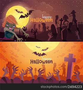 Halloween horizontal cartoon banners set with zombie isolated vector illustration . Halloween Banners Set