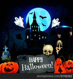 Halloween horror castle and cemetery greeting card for autumn holiday celebration. Scary pumpkin lantern, bat and ghost, full moon, skull and skeleton for night party invitation poster design. Halloween castle greeting card of autumn holiday