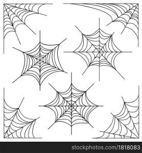 Halloween horror cobweb. Nature black spider hanging net corner and elements of trap for borders or frames, cartoon vector symbol set on white background for decoration of party. Halloween horror cobweb. Nature black spider hanging net corner and elements of trap for borders or frames, cartoon vector set on white background