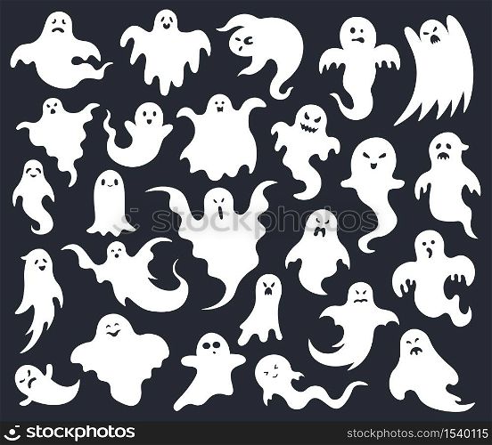 Halloween horror ghost. Spooky scary ghosts, ghost funny cute character, phantom ghostly halloween mascots vector illustration set. Face spooky monster, holiday silhouette creature. Halloween horror ghost. Spooky scary ghosts, ghost funny cute character, phantom ghostly halloween mascots vector illustration set