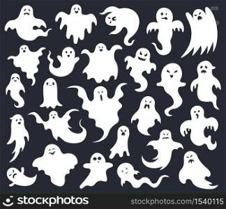 Halloween horror ghost. Spooky scary ghosts, ghost funny cute character, phantom ghostly halloween mascots vector illustration set. Face spooky monster, holiday silhouette creature. Halloween horror ghost. Spooky scary ghosts, ghost funny cute character, phantom ghostly halloween mascots vector illustration set