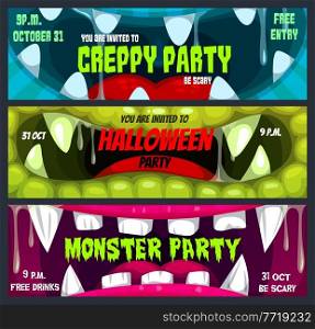Halloween horror night party vector banners with cartoon screaming monster mouths. Trick or treat zombie, vampire dracula or alien monster invitations with frame border of open jaws, teeth and slime. Halloween horror night party banners with monsters