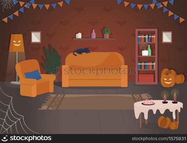 Halloween house decoration semi flat vector illustration. Traditional holiday celebration place. Pumpkin lights. Trick or treat game at home. Festive 2D cartoon interior for commercial use. Halloween house decoration semi flat vector illustration