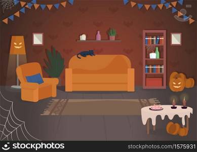 Halloween house decoration semi flat vector illustration. Traditional holiday celebration place. Pumpkin lights. Trick or treat game at home. Festive 2D cartoon interior for commercial use. Halloween house decoration semi flat vector illustration