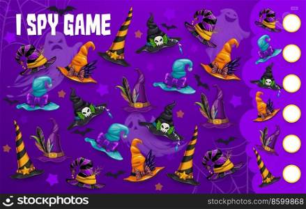 Halloween I spy game, find two same witch and wizard hats, vector cartoon kids puzzle. I spy riddle game worksheet to find and match Halloween witch hats with skull, spider and bats. Halloween I spy game, find two same witch hats