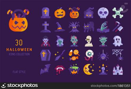halloween icon flat design vector set. Spooky and horror scary concept celebration isolated on dark background