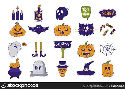 Halloween icon set. Hand-drawn vector illustration with pumpkins, tombstone, skull, ghost, bat, hat, cat and etc. It can be used for halloween party, posters, greeting cards, fashion design.