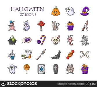 Halloween icon set - isolated vector outline colored signs on white, scary creepy characters, objects - pumpkin, ghost, monster, broom, bat, candy, skull, voodoo doll, traditional holiday symbols. Halloween cute symbols