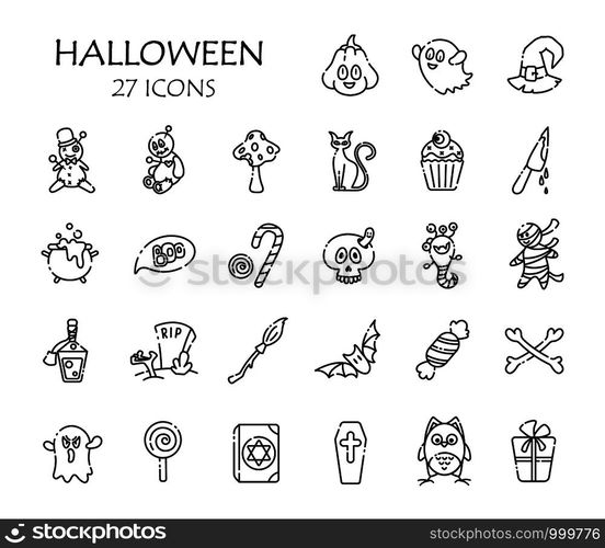 Halloween icon set - isolated vector outline signs on white, scary creepy characters, objects - pumpkin, ghost, monster, broom, bat, candy, skull, voodoo doll, traditional holiday symbols in line style. Halloween cute symbols