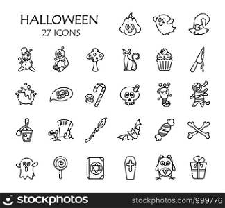 Halloween icon set - isolated vector outline signs on white, scary creepy characters, objects - pumpkin, ghost, monster, broom, bat, candy, skull, voodoo doll, traditional holiday symbols in line style. Halloween cute symbols