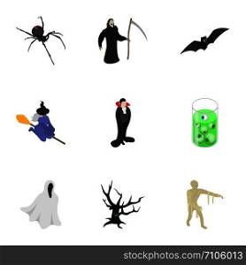 Halloween icon set. Isometric set of halloween vector icons for web design isolated on white background. Halloween icon set, isometric style