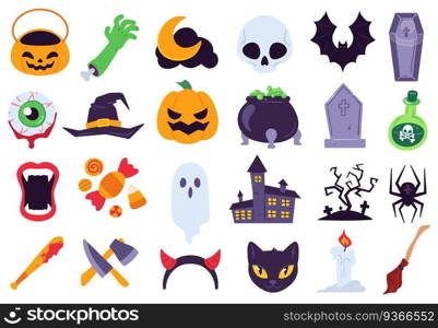 Halloween icons. Holiday symbols, moon and spider, pumpkin, ghost and bat. Candy, skull and gravestone, candle, broom flat vector set. Spooky decoration for horror event as knife, bat with blood. Halloween icons. Holiday symbols, moon and spider, pumpkin, ghost and bat. Candy, skull and gravestone, candle, broom flat vector se