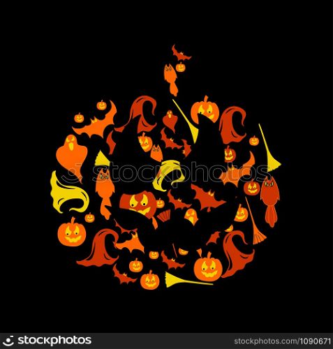 Halloween icons set 6 colorful illustrations on a pumpkin background. Halloween icon set vector