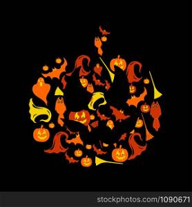 Halloween icons set 6 colorful illustrations on a pumpkin background. Halloween icon set vector