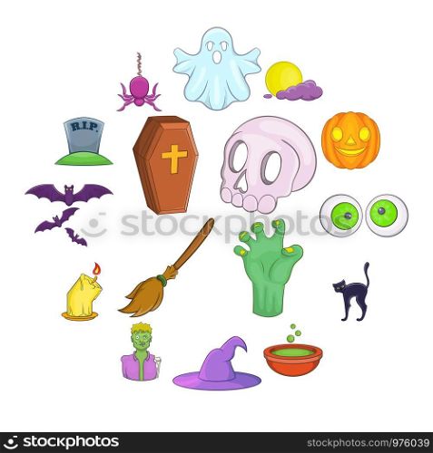 Halloween icons set in cartoon style. Halloween holiday elements set collection vector illustration. Halloween icons set, cartoon style