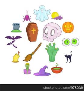 Halloween icons set in cartoon style. Halloween holiday elements set collection vector illustration. Halloween icons set, cartoon style