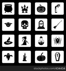 Halloween icons set in white squares on black background simple style vector illustration. Halloween icons set squares vector