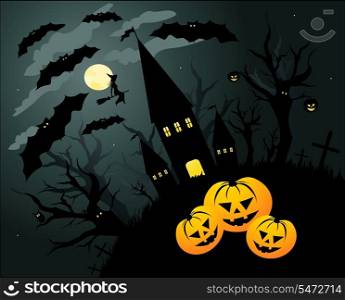Halloween illustration background with bats, witch and pumpkin
