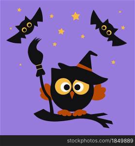 halloween illustration owl with broom on a tree branch, owl, bat and stars. halloween set with owl