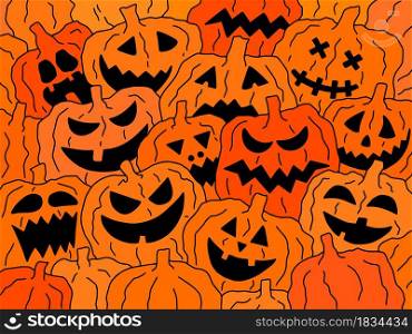 Halloween Illustration pattern with angry pumpkins on orange background