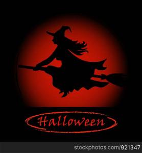 Halloween inscription on the background Silhouette of a witch on a broom on the background of an orange circle.