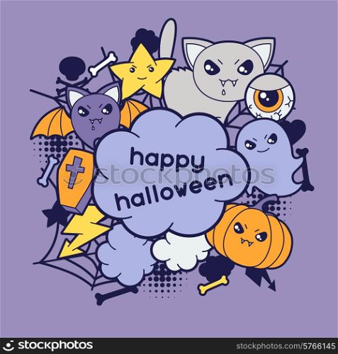 Halloween kawaii greeting card with cute doodles.