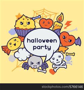 Halloween kawaii greeting card with cute doodles.