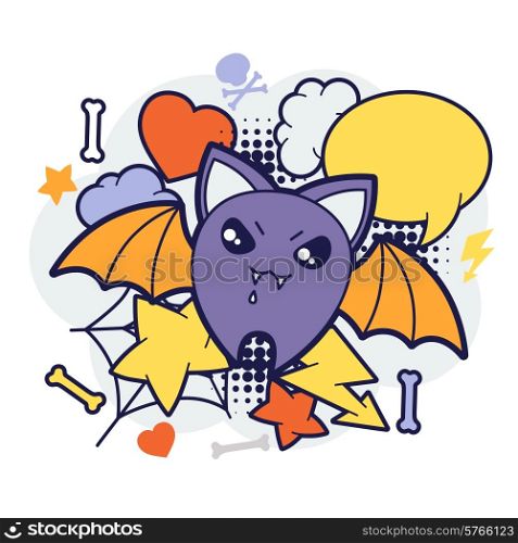 Halloween kawaii print or card with cute doodle bat.