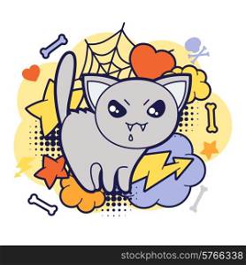 Halloween kawaii print or card with cute doodle cat.