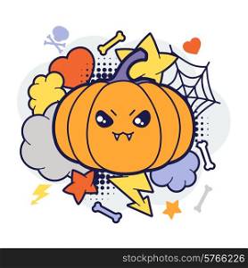 Halloween kawaii print or card with cute doodle pumpkin.