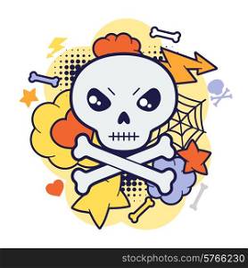 Halloween kawaii print or card with cute doodle skull.
