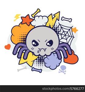 Halloween kawaii print or card with cute doodle spider.
