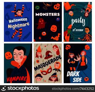 Halloween kids cards collection of six isolated posters with ornate text and cartoon style human characters vector illustration. Flat Halloween Cards Collection