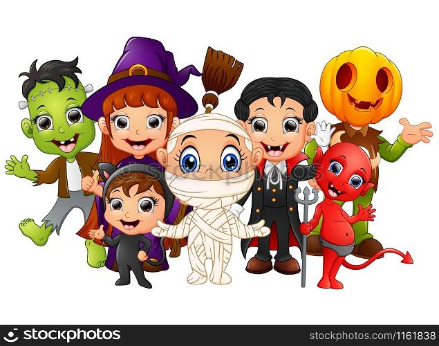 Halloween kids costumes. witch, Frankenstein, Dracula, cat costume, Red Devil, mummy, Pumpkin Head