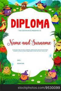 Halloween kids diploma. Cartoon fruit wizards and mages characters on meadow. School children achievement award, Halloween vector diploma with plum, kiwi, quince and banana, lemon, pineapple sorcerers. Halloween kids diploma with fruit wizard character