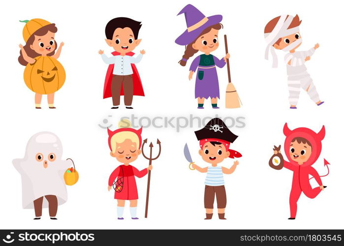 Halloween kids. Happy children in scary different costumes, fun holiday, trick-or-treaters boys and girls, witch and mummy, pumpkin and pirate, ghost and dracula. Vector cartoon flat isolated set. Halloween kids. Happy children in scary different costumes, fun holiday, trick-or-treaters boys and girls, witch and mummy, pumpkin and pirate. Vector cartoon flat isolated set