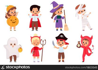 Halloween kids. Happy children in scary different costumes, fun holiday, trick-or-treaters boys and girls, witch and mummy, pumpkin and pirate, ghost and dracula. Vector cartoon flat isolated set. Halloween kids. Happy children in scary different costumes, fun holiday, trick-or-treaters boys and girls, witch and mummy, pumpkin and pirate. Vector cartoon flat isolated set
