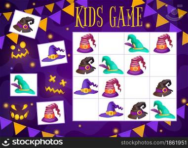 Halloween kids maze game wizard and witch hats sudoku riddle for children activity. Vector school, kindergarten educational task how many magician caps on chequered board. Cartoon boardgame worksheet. Halloween kids maze game wizard and witch hats