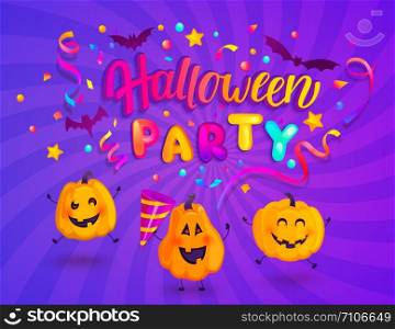 Halloween kids party Banner for Happy holiday with monster pumpkins,bat, spider,party cracker and confetti on sunburst background.Template for web,poster,flyers,ad,promotions,blogs.Vector illustration. Halloween kids party banner.