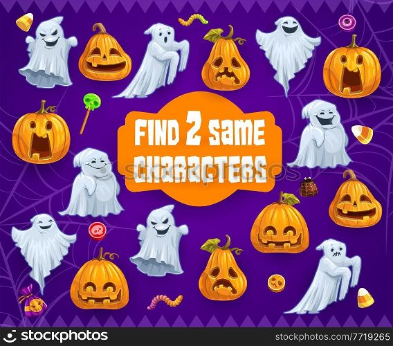 Halloween kids riddle game find two same ghosts and pumpkins vector maze with cute monsters. Cartoon boardgame with funny characters spooks, jack-o-lanterns and sweets. Educational children puzzle. Halloween kids riddle game find two same ghosts