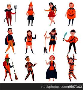 Halloween kids set of twelve isolated images with flat characters of party children on blank background vector illustration. Halloween Mystical Kids Set