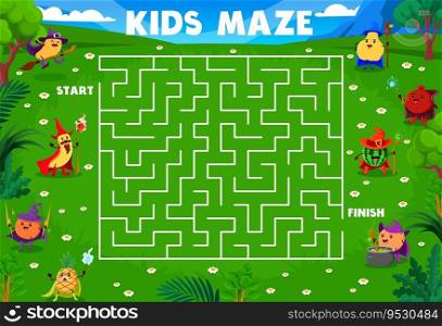 Halloween labyrinth maze game. Help to fruit wizards and mages find a potion. Labyrinth game vector worksheet with mango, banana, guava, pomegranate and watermelon, orange funny sorcerer personages. Halloween labyrinth maze game with fruit mages