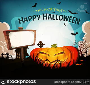 Halloween Landscape Background. Illustration of a cartoon spooky landscape background, for halloween holidays, with christian tombstones inside graveyard, fog, full moon and bats