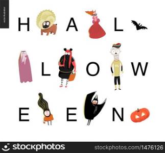 Halloween lettering card. Vector cartoon illustrated kids wearing Halloween costumes and a french bulldog, with letters composing a word Halloween. Composition placed on a white background. Halloween lettering card on white