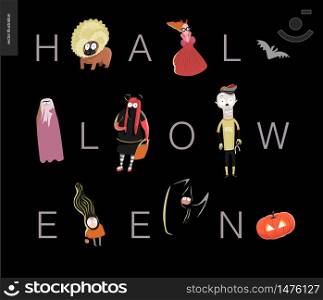 Halloween lettering card. Vector cartoon illustrated kids wearing Halloween costumes and a french bulldog, with letters composing a word Halloween. Composition placed on a black background. Halloween lettering card on black