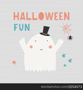 Halloween lettering - Halloween fun - with a cute ghost. Vector childish hand-drawn illustration in simple cartoon style on grey background.. Halloween lettering - Halloween fun - with a cute ghost.