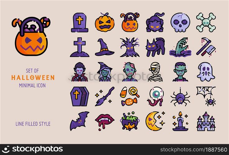halloween line filled icon style vector set. Spooky and horror scary concept celebration isolated on dark background