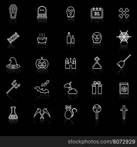Halloween line icons with reflect on black background, stock vector