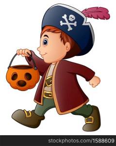 Halloween little pirate with pumpkin basket