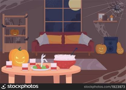 Halloween living room flat color vector illustration. Autumnal season event. Home party. Celebrate event in October. Decorated home 2D cartoon interior with furniture on background. Halloween home decoration flat color vector illustration